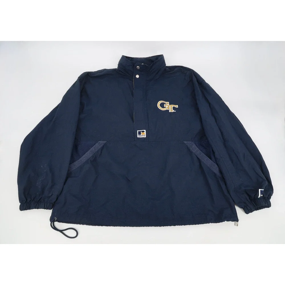 Vintage 90s Georgia Tech‎ Mens Large 1/2 Zip Jacket Hood Russell Athletic Navy